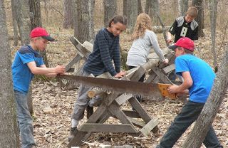 Campers Sawing Wood