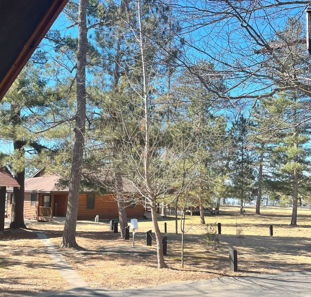 a landscape of camp Foley looking at 2 buildings 